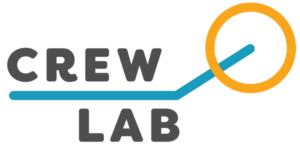 CrewLAB logo, with grey text, a blue line for the rowing machine and a yellow circle for the fan.