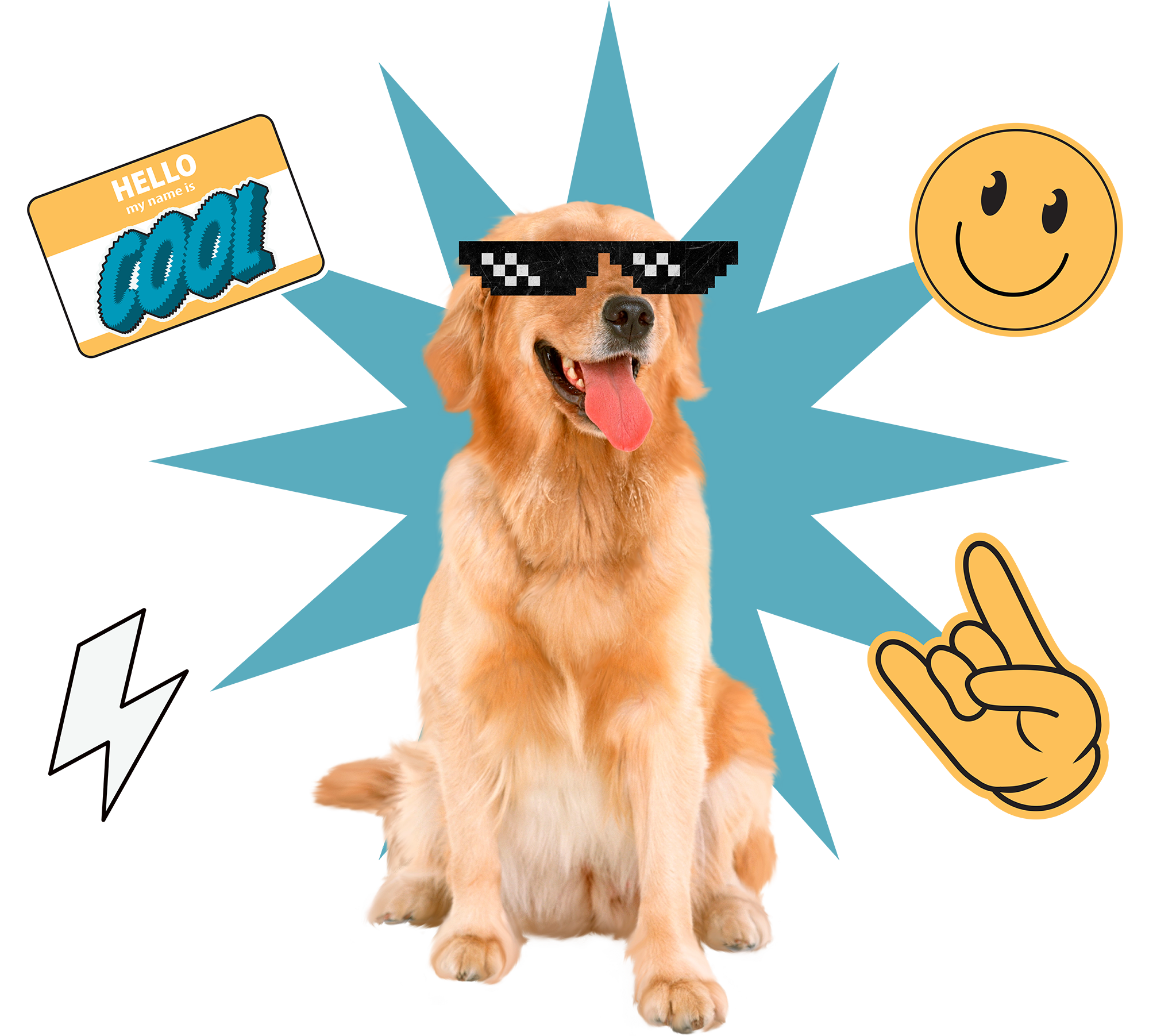 Summer Smasher Campaign Creative, includes a golden retriever wearing some pixel sunglasses, a blue starburst in the background, a yellow smiley face, yellow hang loose hand, a hello my name is label with the word cool on top and a white lightning strike. 