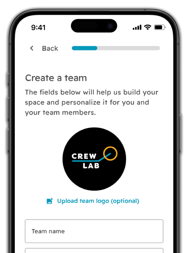 Mobile screen with Create a team, some intro text and a profile photo.