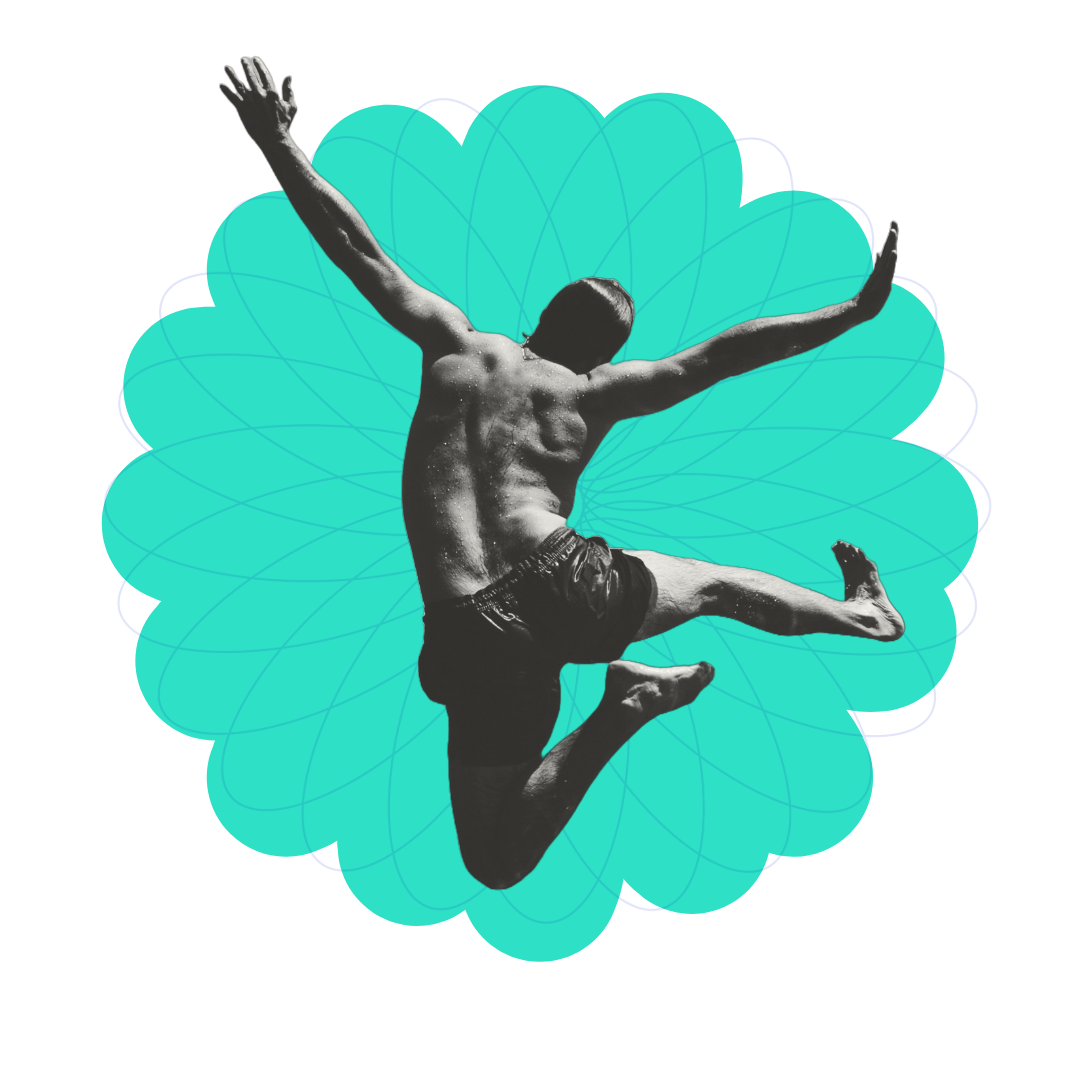 Image of a man jumping while wearing togs, there's a blue starburst added to the background.