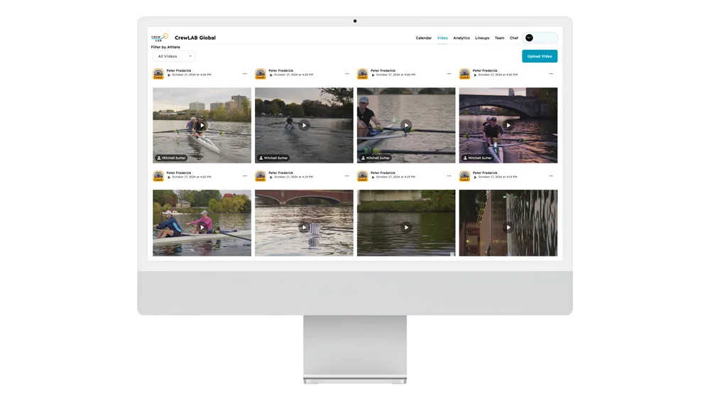 iMac screen with the CrewLAB dashboard, showcasing the video library feature.