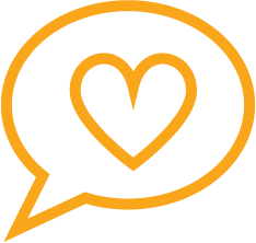 Chat support icon, with a heart inside the speech bubble.