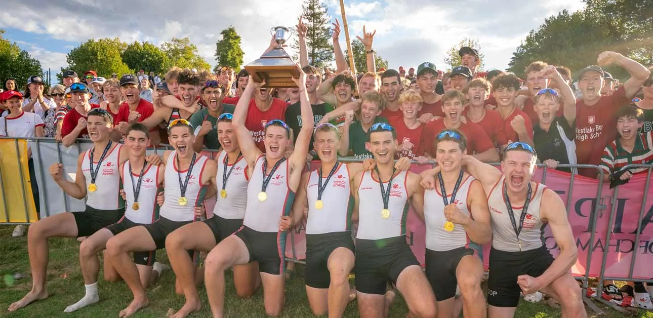 Photo of Westlake Boys High School rowing team celebrating their win at Maadi Cup 2025.