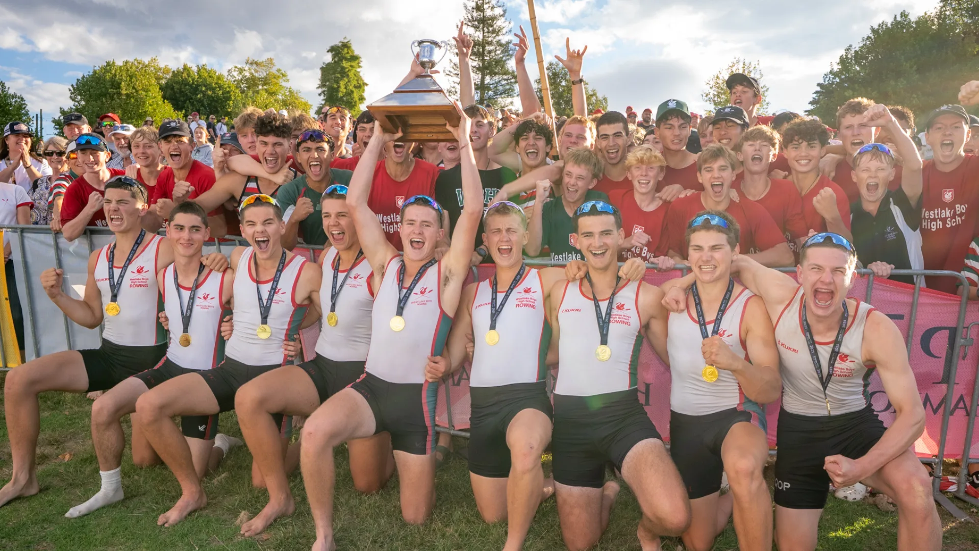 Photo of Westlake Boys High School rowing team celebrating their win at Maadi Cup 2025.