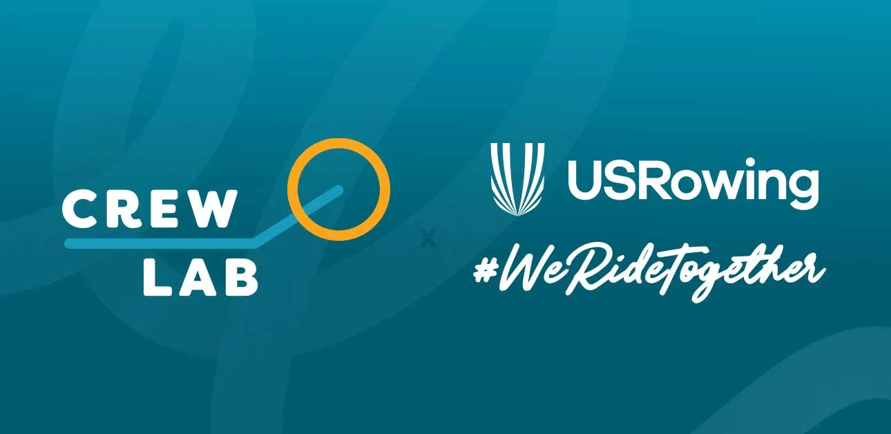 CrewLAB logo, US Rowing logo and We Ride Together logo on a blue gradient background.