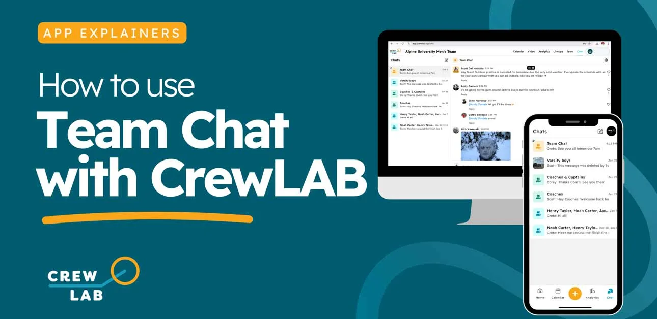 Dark Blue background with the text Team Chat with CrewLAB. There's a computer and mobile phone with the CrewLAB app / product on each device screen.