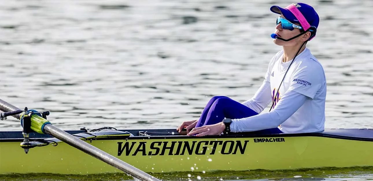 Kieran Joyce in the coxswain seat for the University of Washington Men's Rowing Boat