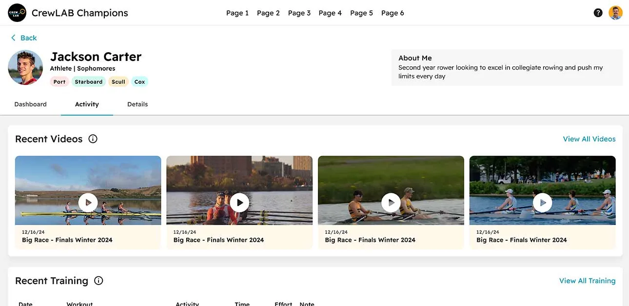 CrewLAB Desktop App showing athlete profile view with practice videos and athlete bio