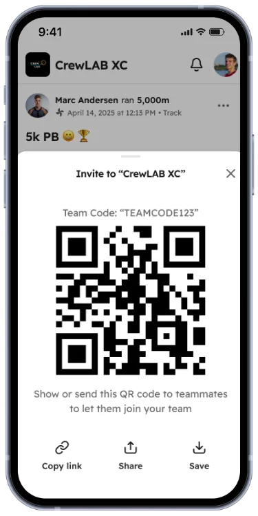 CrewLAB share your team invite screen in the app