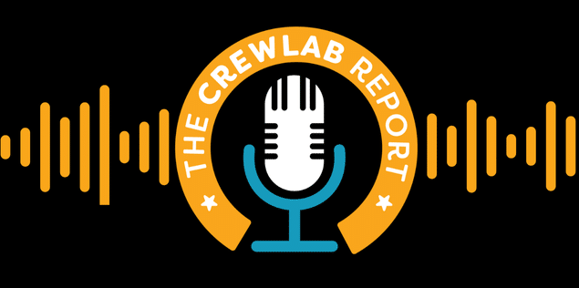 Image of black background with yellow audio waves, placed ontop is The CrewLAB Report Podcast logo. There's a stylised podcast microphone, placed inside a circle. 