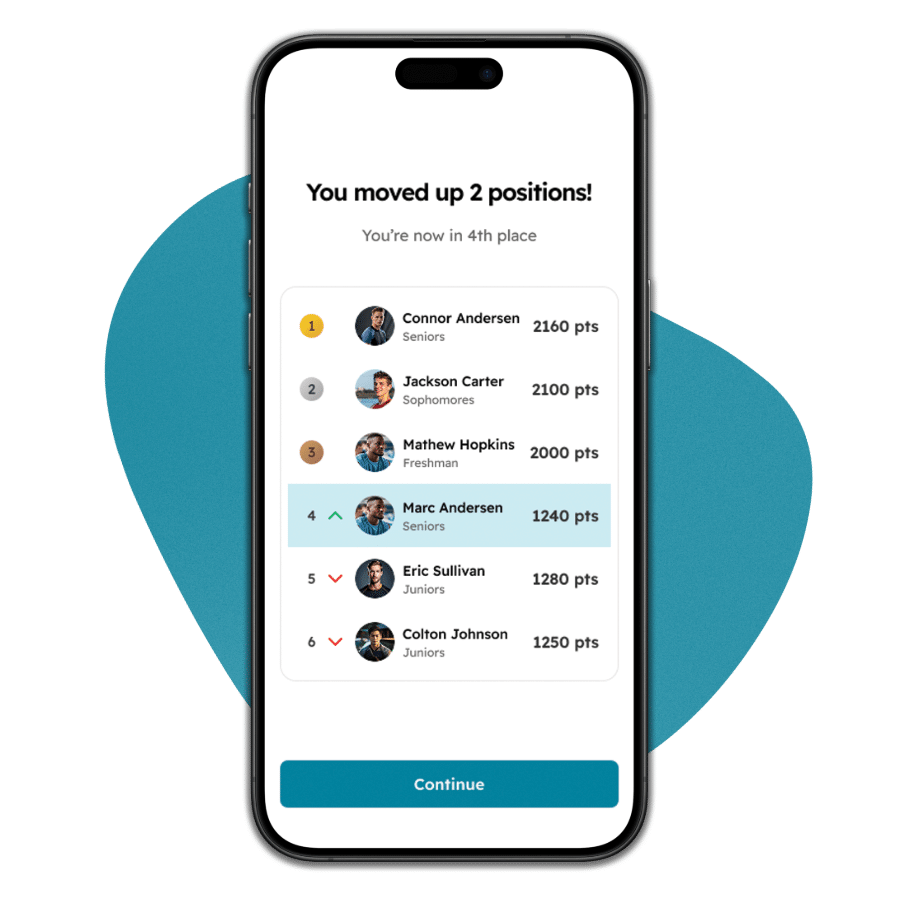 Blue graphic blob with a mobile phone on top. The mobile phone includes the CrewLAB app, which showcases the leaderboard within the Winter Wipeout Challenge. 