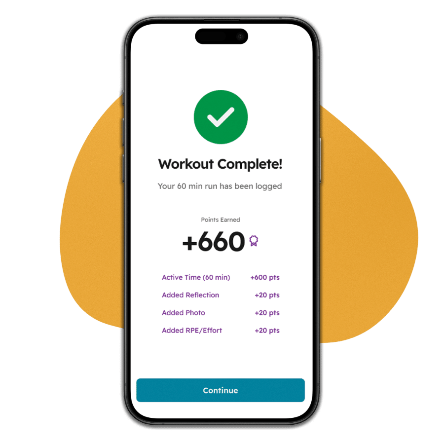 Yellow graphic blob with a mobile phone on top. The mobile phone includes the CrewLAB app, which shows how many points earned for uploading a workout. The points are inclusive of active time, reflection added, photo added and the estimated effort. 
